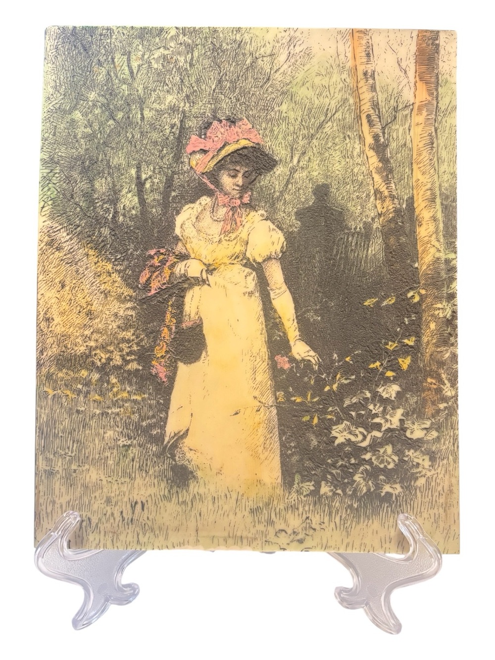 Tile Art etched painted Victorian Woman in Forest 8 X 10 inches